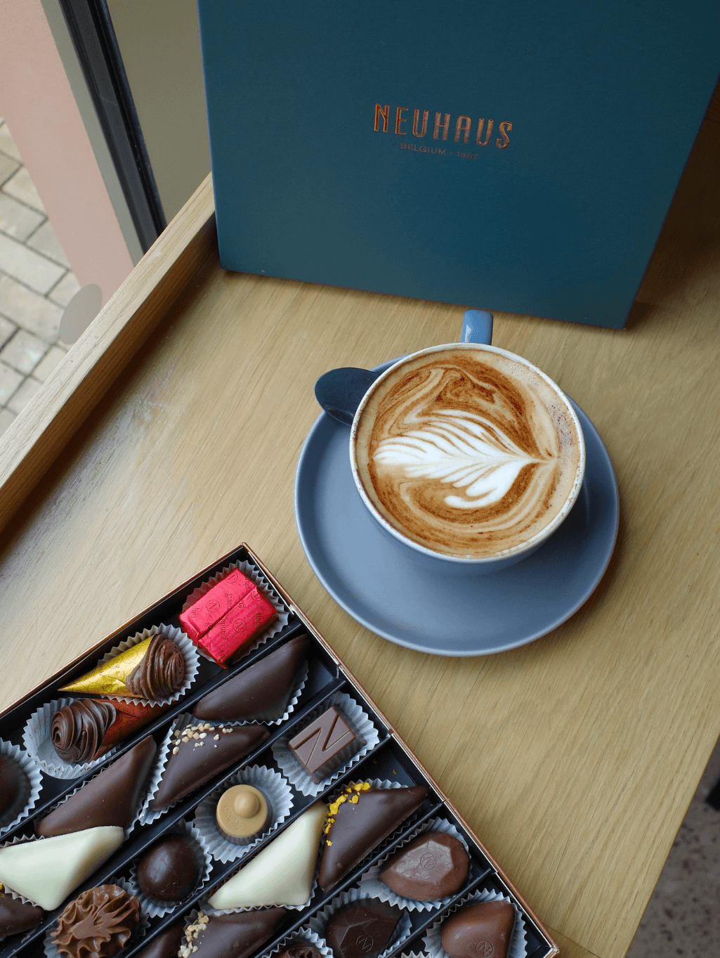 Neuhaus chocolates and latte at Bridge St Coffee